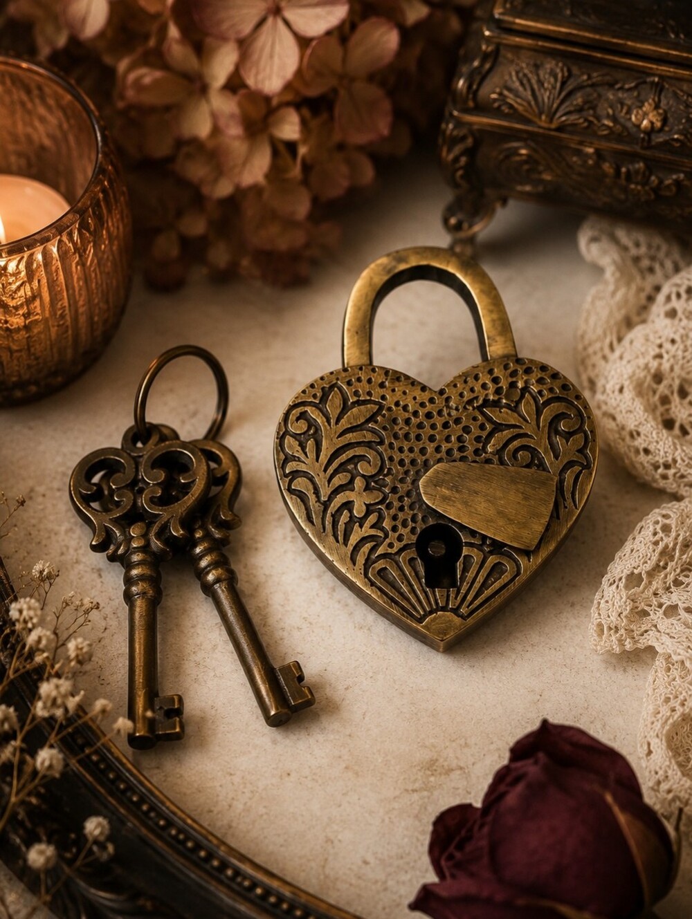 Brass Heart Padlock with 2 Skeleton Keys Ornate Vintage Style Romantic Decor